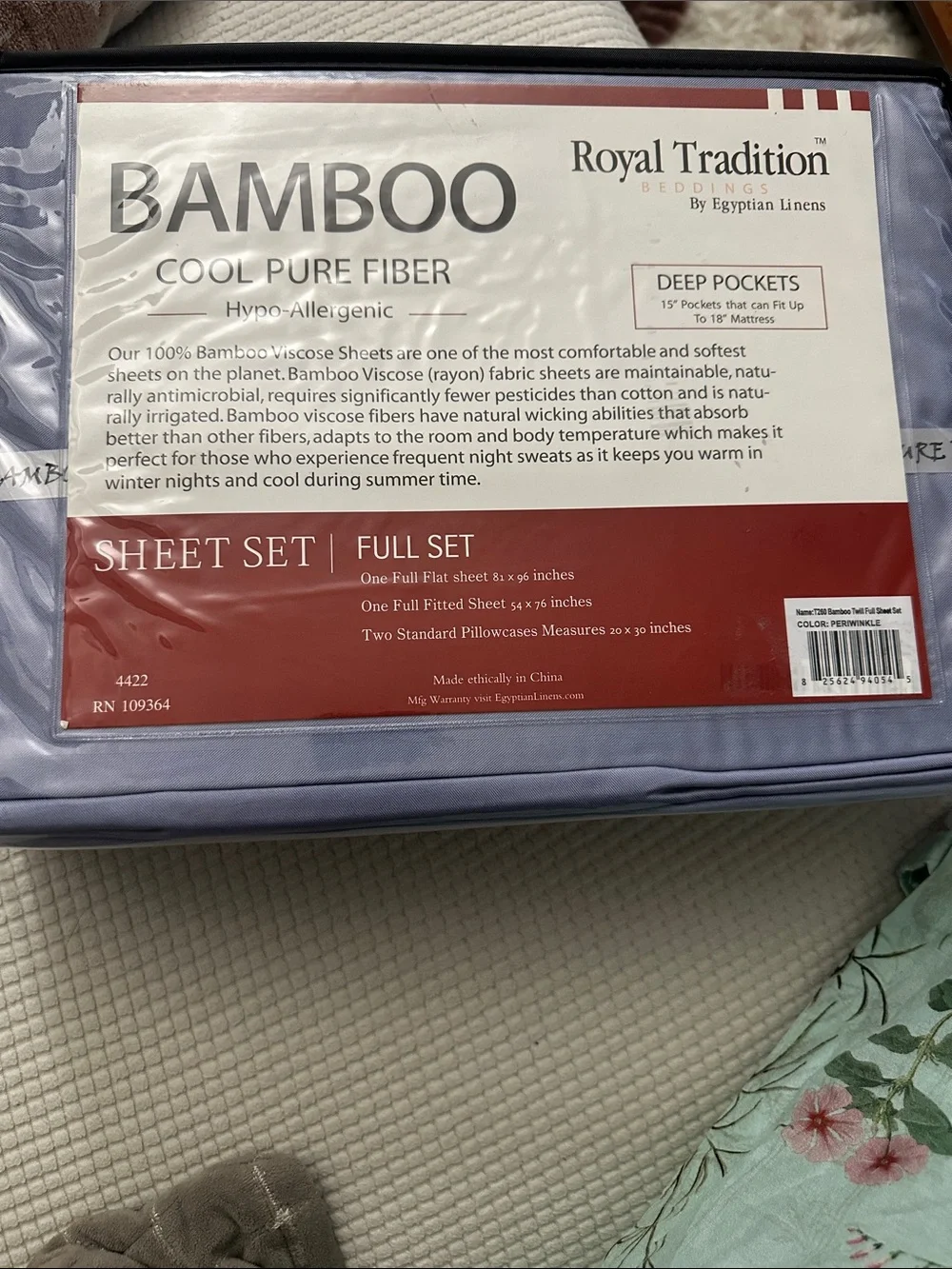 BAMBOO Cool Pure Fiber Full Sheet Set in Light Lavender